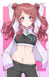  absurdres ankomochi142 arms_behind_head arms_up black_leggings black_sports_bra blush breasts brown_hair cleavage commentary_request cowboy_shot female gakuen_idolmaster hanami_saki highres idolmaster jacket leggings linea_alba long_hair looking_at_viewer medium_breasts navel pink_background solo sports_bra stomach sweat two_side_up white_jacket 