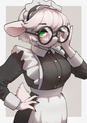  2025 absurd_res anthro blush bovid breasts caprine clothed clothed_anthro clothed_female clothing digital_media_(artwork) eyewear female female_anthro fur glasses goat hair hand_on_hip hi_res kemono maid_headdress maid_uniform mammal portrait round_glasses shan_(yellowparrottw) solo uniform wearing_glasses yellowparrottw 