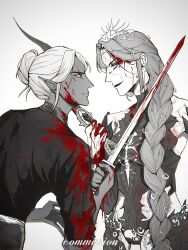  2girls baldur&#039;s_gate baldur&#039;s_gate_3 blood blood_on_clothes blood_on_face crutch_c dagger dungeons_&amp;_dragons eye_contact highres holding holding_sword holding_weapon knife looking_at_another minthara multiple_girls orin_the_red sword upper_body weapon white_background 