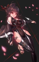 black_bodysuit bodysuit breasts brown_hair clothing_cutout covered_navel detached_sleeves english_commentary falling_petals female goddess_of_victory:_nikke hair_ornament hair_stick highres holding holding_kunai holding_weapon korean_commentary kunai long_hair looking_at_viewer medium_breasts mixed-language_commentary official_alternate_costume parted_lips petals pink_petals red_eyes rose_petals sakura_(midnight_stealth)_(nikke) sakura_(nikke) sandals shoulder_cutout smile solo standing standing_on_one_leg string toriseru_(rare_stone) weapon 