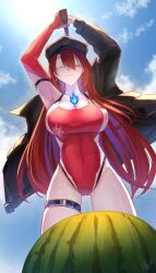  arms_up ass_visible_through_thighs black_hat black_jacket blindfold blue_fire blue_hair blue_sky breasts closed_mouth cloud colored_inner_hair commentary competition_swimsuit covered_eyes cowboy_shot day earrings elizabeth_rose_bloodflame elizabeth_rose_bloodflame_(holonatsu_paradise) english_commentary female fire food from_below fruit hat highleg highleg_one-piece_swimsuit highres holding holding_stick hololive hololive_english jacket jewelry large_breasts long_hair long_sleeves multicolored_hair official_alternate_costume one-piece_swimsuit open_clothes open_jacket outdoors paw_chie peaked_cap red_hair red_one-piece_swimsuit signature skindentation sky standing stick suikawari sunlight swimsuit thigh_strap two-tone_hair very_long_hair virtual_youtuber watermelon 