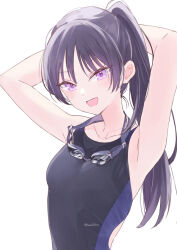  armpits arms_up black_hair blush breasts collarbone competition_swimsuit female goggles goggles_around_neck hondahiro long_hair looking_at_viewer one-piece_swimsuit open_mouth original ponytail purple_eyes simple_background small_breasts smile solo swimsuit upper_body white_background 