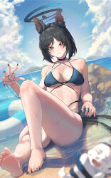  absurdres animal_ear_fluff animal_ears bakeneko bikini black_choker black_nails black_tail blue_archive blue_bikini blue_halo blue_sky blue_tail blurry blush breasts cat&#039;s_cradle cat_ears cat_girl cat_tail choker cleavage commentary_request criss-cross_straps day depth_of_field doodle_sensei_(blue_archive) female fingernails ggz_(gguzal_95) gradient_tail halo highres kikyou_(blue_archive) kikyou_(swimsuit)_(blue_archive) knee_up layered_bikini looking_at_viewer medium_breasts multi-strapped_bikini_top multiple_tails nail_polish official_alternate_costume outdoors sensei_(blue_archive) short_hair sky swimsuit tail thighs two_tails 
