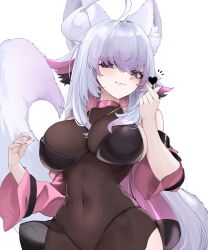  :3 absurdres ahoge animal_ears breasts cleavage female finger_heart hair_between_eyes highres indie_virtual_youtuber large_breasts long_hair looking_at_viewer navel purple_eyes ritence shiyuonline simple_background smile tail white_hair 