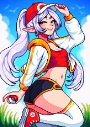  aseprite_(medium) ass bird blue_sky breasts cloud commentary converse cosplay dolphin_shorts english_commentary female frieren grass green_eyes hat highres holding holding_poke_ball jacket long_hair looking_at_viewer midriff navel open_clothes open_jacket outdoors paid_reward_available parted_bangs pixel_art pointy_ears poke_ball pokemon shorts sky small_breasts smile solo sousou_no_frieren thighhighs twintails white_hair white_thighhighs yumykon 