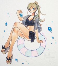  absurdres alternate_hairstyle bikini black_bikini blonde_hair blue_eyes drink female frilled_bikini frills full_body hair_bun highres innertube kantai_collection kujiramaru mole mole_under_eye mole_under_mouth official_alternate_costume open_clothes open_shirt parted_bangs ponytail richelieu_(kancolle) richelieu_(swimsuit)_(kancolle) sandals side-tie_bikini_bottom solo swim_ring swimsuit traditional_media 