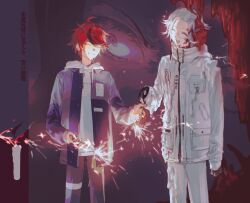  2boys :d ^_^ ahoge aotsuki_eito black_gloves black_jacket black_pants black_streaks breast_pocket candle closed_eyes drawstring extra_faces facing_another fireworks giving glasses gloves grey_hair grey_jacket grin highres holding holding_fireworks hood hoodie jacket jacket_over_hoodie male_focus melting mint1618680 multicolored_hair multicolored_jacket multiple_boys open_clothes open_jacket pants pocket purple_eyes red_hair short_hair slime_(substance) smile sparkler spoilers streaked_hair sumino_takumi the_hundred_line_-last_defense_academy- two-tone_jacket white_hoodie white_jacket white_pants wide-eyed zoom_layer 