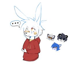  adhesive_bandage anthro axy_(axy_usagi) axy_usagi bear canid canine canis christian_(axy_usagi) clothing drake_(axy_usagi) facial_markings giant_panda hair head_markings hoodie jean_(axy_usagi) lagomorph leporid male mammal markings mask_(marking) one_eye_closed procyonid rabbit raccoon serious simple_background solo speech_bubble topwear wolf 
