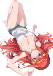  barefoot blue_eyes blush breasts camisole cleavage commentary_request dolphin_shorts feet female go-toubun_no_hanayome hair_ornament highres knees_up large_breasts long_hair nakano_itsuki nishizuki_shino no_bra red_hair shorts simple_background solo star_(symbol) star_hair_ornament toes white_background white_camisole 