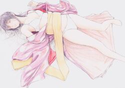  absurdres barefoot bbmasa bra breasts cleavage closed_eyes closed_mouth commentary_request female foot_out_of_frame from_above gradient_background grey_background hibike!_euphonium highres japanese_clothes kimono liz_to_aoi_tori long_hair lying medium_breasts obi on_back open_clothes open_kimono panties pink_kimono sash sleeping solo thighs traditional_media underwear white_bra white_panties yoroizuka_mizore 