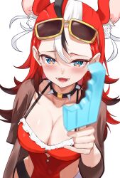 :d absurdres animal_ears bikini black_streaks blue_eyes breasts collar dice dice_hair_ornament eyewear_on_head female food from_above hair_ornament hakos_baelz hakos_baelz_(holonatsu_paradise) highres holding holding_food holding_popsicle hololive hololive_english ilie_ilie large_breasts light_blush looking_at_viewer lower_teeth_only mouse_ears multicolored_eyes multicolored_hair popsicle red_bikini red_hair see-through_clothes see-through_shirt shirt simple_background smile solo spiked_collar spikes streaked_hair swimsuit teeth upper_body white_background white_streaks yellow-framed_eyewear 
