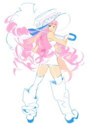  blunt_bangs boots dress drill_hair female flower_hat full_body hat highres holding holding_umbrella kithwith_(kith_0121) long_hair looking_back one_piece perona pink_hair shoes simple_background smile solo umbrella white_background white_dress white_shoes 