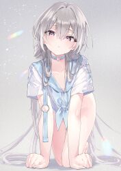  absurdres blue_choker blue_sailor_collar choker crawling female grey_hair hair_between_eyes heart heart_choker highres inubouzaki_(i_nu1515) long_hair looking_at_viewer original parted_lips purple_eyes sailor_collar shirt short_sleeves simple_background solo very_long_hair white_shirt 