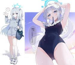  alternate_costume blue_archive blue_halo blue_one-piece_swimsuit casual_one-piece_swimsuit female frilled_one-piece_swimsuit frills halo highres miyako_(blue_archive) miyako_(swimsuit)_(blue_archive) monaka3200 off-shoulder_one-piece_swimsuit off_shoulder official_alternate_costume one-piece_swimsuit solo speech_bubble swimsuit translation_request 