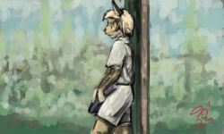  2024 ambiguous_gender anthro blonde_hair bottomwear closed_eyes clothing colored day detailed_background felid feline fur hair hi_res holding_object jeri_kleinlowe lynx mammal outside red_text shirt shorts signature solo standing tan_body tan_fur text topwear white_body white_bottomwear white_clothing white_fur white_shirt white_shorts white_topwear 