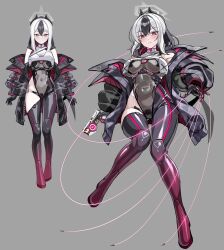 asymmetrical_bangs black_hair black_horns blue_archive blush bodysuit breasts closed_mouth demon_horns demon_wings female grey_bodysuit grey_halo hair_between_eyes halo horns impossible_bodysuit impossible_clothes kayoko_(blue_archive) large_breasts latex latex_bodysuit long_hair looking_at_viewer multicolored_bodysuit multicolored_hair red_eyes simple_background single_wing skin_tight solo strelka_belca two-tone_hair white_hair wings 