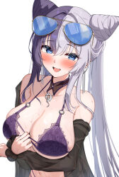  :d arm_under_breasts azur_lane bikini blue-tinted_eyewear blush breasts collarbone commentary_request cone_hair_bun double_bun eyewear_on_head female grey_hair hair_bun highres lace-trimmed_bikini lace_trim large_breasts looking_at_viewer multicolored_hair official_alternate_costume open_mouth otngue purple_bikini purple_hair shionootsu simple_background smile solo split-color_hair sunglasses swimsuit teeth tinted_eyewear upper_body upper_teeth_only variant_set white_background ying_swei_(azur_lane) ying_swei_(blue_waves_limpid_summer)_(azur_lane) 