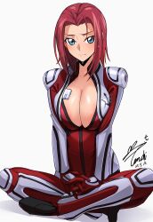  absurdres blue_eyes bodysuit breasts cleavage code_geass commentary_request dated female full_body highres indian_style kouzuki_kallen large_breasts lips looking_at_viewer mecha_pilot_suit open_bodysuit open_clothes red_bodysuit red_hair short_hair signature simple_background sitting skin_tight solo wet white_background yoo_tenchi 