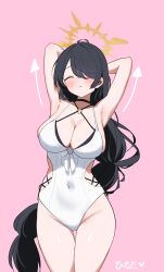  absurdres armpits arms_behind_head black_hair blue_archive blush breasts cleavage closed_eyes closed_mouth covered_navel female hair_over_one_eye halo highres hinata_(blue_archive) hinata_(swimsuit)_(blue_archive) large_breasts long_hair multi-tied_hair official_alternate_costume official_alternate_hairstyle one-piece_swimsuit oreothecream sidelocks solo swimsuit white_one-piece_swimsuit yellow_halo 
