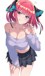  black_ribbon black_skirt blue_eyes blunt_bangs breasts butterfly_hair_ornament cleavage commentary_request cropped_sweater female go-toubun_no_hanayome gradient_nails hair_ornament hand_on_own_thigh highres large_breasts leaning_forward long_sleeves looking_at_viewer medium_hair midriff nakano_nino navel nishizuki_shino off-shoulder_sweater off_shoulder pink_hair plaid_clothes plaid_skirt purple_sweater ribbon skirt smile solo sweater two_side_up white_background 