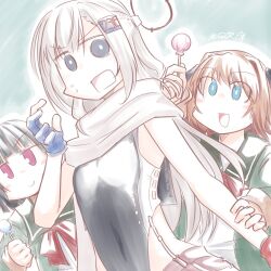  3girls black_hair black_one-piece_swimsuit blue_eyes bow brown_hair candy commentary_request food garter_straps green_jacket green_sailor_collar grey_eyes grey_hair hachijou_(kancolle) hair_ribbon headgear highleg highleg_one-piece_swimsuit highres honketsu ishigaki_(kancolle) jacket kantai_collection lollipop multiple_girls one-hour_drawing_challenge one-piece_swimsuit purple_eyes red_bow ribbon sailor_collar scarf school_uniform serafuku short_hair single_garter_strap super_highleg swimsuit two-tone_one-piece_swimsuit wahoo_(kancolle) white_scarf 