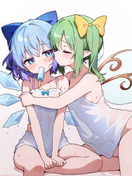  2girls blue_bow blue_eyes blush bow bow_camisole camisole chikuzen1996 cirno closed_eyes collarbone commentary_request covered_navel daiyousei fairy_wings food food_in_mouth green_hair hairbow highres hug ice ice_wings multiple_girls no_pants one_side_up pointy_ears popsicle popsicle_in_mouth see-through_silhouette simple_background sitting sweat sweaty_clothes touhou white_background white_camisole wings yellow_bow yuri 