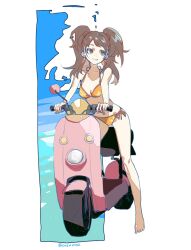  :3 barefoot bikini breasts brown_eyes brown_hair closed_mouth female full_body highres kujikawa_rise long_hair looking_to_the_side meameeea motor_vehicle on_scooter orange_bikini persona persona_4 scooter solo swimsuit twintails twitter_username 
