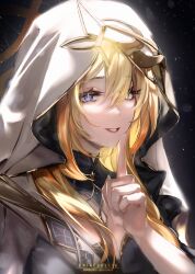  blonde_hair blue_eyes breasts character_name commentary_request female finger_to_mouth fingernails genshin_impact hair_between_eyes hand_up heterochromia highres index_finger_raised korusakku large_breasts long_fingernails long_hair looking_at_viewer mixed-language_commentary parted_lips partial_commentary portrait rhinedottir_(genshin_impact) smile solo star_(sky) starry_sky_background symbol-shaped_pupils twitter_username veil white_veil yellow_eyes 