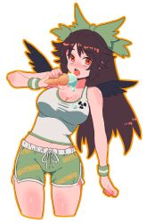  alternate_costume ass_visible_through_thighs bird_wings black_wings bow breasts brown_hair cleavage clothes_writing commentary_request cowboy_shot cropped_legs dolphin_shorts eating feathered_wings female food green_bow green_shorts green_trim hairbow highres holding holding_food holding_ice_cream holding_ice_cream_cone ice_cream ice_cream_cone jean_(jean_sp) large_breasts licking licking_foot long_hair looking_at_viewer midriff_peek mini_wings navel_peek open_mouth outline radiation_symbol red_eyes reiuji_utsuho shorts simple_background solo tank_top teeth tongue tongue_out touhou upper_teeth_only white_background white_tank_top wings yellow_outline 