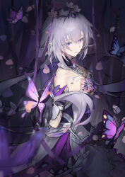  absurdres bare_shoulders black_gloves black_tiara breasts bug butterfly butterfly_on_hand castorice_(honkai:_star_rail) commentary_request dress female flower flower_ornament gloves hair_flower hair_ornament highres honkai:_star_rail honkai_(series) long_hair medium_breasts pointy_ears purple_butterfly purple_eyes purple_hair solo tiara very_long_hair white_dress zaoshang_yibei_qing_gan_puer 
