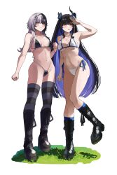  absurdres alternate_costume asymmetrical_horns bikini black_bikini black_boots black_hair black_horns black_thighhighs blue_hair blush boots breasts colored_inner_hair commentary english_commentary full_body grass grey_hair highres hololive hololive_english horns medium_breasts micro_bikini mr_thecatman multicolored_hair navel nerissa_ravencroft shiori_novella side-tie_bikini_bottom simple_background split-color_hair standing standing_on_one_leg striped_clothes striped_thighhighs swimsuit thighhighs two-tone_hair white_background white_bikini yellow_eyes 