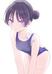  black_hair blush breasts collarbone competition_school_swimsuit competition_swimsuit female hair_bun hondahiro looking_at_viewer one-piece_swimsuit original purple_eyes school_swimsuit simple_background small_breasts solo sweat sweatdrop swimsuit towel white_background 