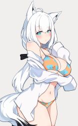  ahoge animal_ear_fluff animal_ears arm_under_breasts bikini blue_bikini blue_eyes blush breasts checkered_bikini checkered_clothes cleavage closed_mouth collarbone female fox_ears fox_girl fox_tail highres hololive large_breasts long_hair looking_at_viewer navel open_clothes open_shirt raised_eyebrows shirakami_fubuki shirt simple_background sleeves_past_wrists smile solo standing swimsuit tail tenpura32200 virtual_youtuber white_hair white_shirt 
