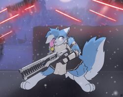  anthro armor bodily_fluids bottomwear canid canine clothing femboy fluffy fox gun helldivers hi_res kariwolf197 male mammal military military_uniform railgun ranged_weapon science_fiction skirt skyler_(pm) snow snowing soldier solo sweat sweatdrop tail thick_thighs uniform warrior weapon 