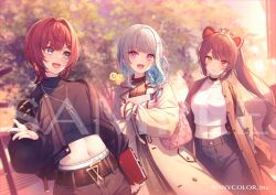  3girls :d alternate_costume ange_katrina animal_ear_piercing animal_ears animal_hair_ornament animal_on_shoulder bag belt bird bird_on_shoulder black_jacket black_shirt blue_eyes blue_hair blue_pants blurry blurry_background book braid breasts brown_belt brown_coat chihiro_ayaka cleavage closed_mouth coat colored_inner_hair commentary_request copyright_notice cropped_shirt denim dog_ears dutch_angle eyelashes flat_chest gold_necklace gold_pendant grey_skirt group_picture hair_intakes hair_ornament hair_over_shoulder hairpin hand_up heterochromia holding holding_book inui_toko jacket jeans jewelry lize_helesta long_hair looking_at_another looking_to_the_side medium_breasts medium_hair midriff monocle multicolored_hair multiple_girls multiple_hairpins multiple_necklaces navel necklace nijisanji open_clothes open_coat open_jacket open_mouth outdoors panties pants panty_peek pendant pink_bag pleated_skirt ponytail purple_eyes quilted_bag red_eyes red_hair sample_watermark sanbaka_(nijisanji) sebastian_piyodore see-through_cleavage see-through_clothes shirt shoulder_bag single_braid single_off_shoulder skirt sleeves_past_wrists smile sunset swept_bangs two-tone_hair underwear very_long_hair virtual_youtuber watermark white_hair white_shirt yellow_bird yellow_eyes 