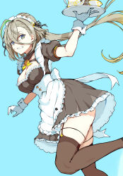  alternate_costume apron black_dress black_thighhighs blue_background breasts cleavage_cutout clothing_cutout cup dress enmaided fate/grand_order fate_(series) female full_body green_hair grey_eyes hair_between_eyes highres holding holding_tray huyan_zhuo_(fate) huyan_zhuo_(fgo_fes._2025)_(fate) kamesan231 large_breasts long_hair looking_at_viewer maid maid_headdress multicolored_hair open_mouth puffy_short_sleeves puffy_sleeves short_sleeves simple_background skindentation solo streaked_hair teacup teapot teeth thick_thighs thighhighs thighs tray waist_apron white_apron wrist_cuffs 