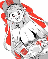  +_+ andrewcockroach bare_shoulders baseball_cap bikini blush_stickers breasts burger_king cleavage commentary cup disposable_cup drinking_straw dutch_angle earrings english_commentary fast_food female food food_wrapper french_fries front-tie_bikini_top front-tie_top greyscale_with_colored_background hat highres holding holding_tray jewelry large_breasts long_hair looking_at_viewer micro_bikini open_mouth original smile solo swimsuit tray upper_body very_long_hair 