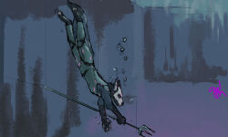  2024 anthro black_body black_fur blue_body blue_fur bubble canid canine colored diamond_armor fur hi_res jeri_kleinlowe male mammal melee_weapon microsoft minecraft mojang pink_text polearm signature solo swimming text trident underwater water weapon xbox_game_studios 