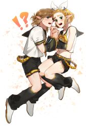  !? 1boy bare_shoulders belt black_arm_warmers black_leg_warmers black_sailor_collar black_shorts blonde_hair blue_eyes commentary_request cosplay crop_top female full_body green_eyes hairband highres holding_hands interlocked_fingers kagamine_len kagamine_len_(cosplay) kagamine_rin kagamine_rin_(cosplay) korean_commentary leg_warmers link looking_at_viewer midriff navel neckerchief necktie open_mouth pointy_ears princess_zelda sailor_collar shirt shoes short_hair shorts sleeveless sleeveless_shirt teeth the_legend_of_zelda the_legend_of_zelda:_tears_of_the_kingdom upper_teeth_only vocaloid white_background white_hairband white_shirt white_shoes yellow_belt yellow_neckerchief yellow_necktie zeldm 