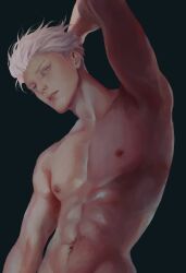  1boy 3aem abs arm_behind_head black_background blue_eyes closed_mouth collarbone gojou_satoru highres jujutsu_kaisen lips male_focus navel nipples nose nude pectorals short_hair simple_background solo teeth toned toned_male upper_body white_hair 