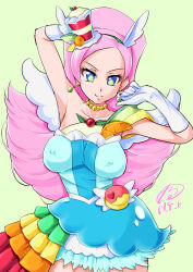  blue_eyes breasts covered_nipples cure_parfait dress earrings female food-themed_hair_ornament hair_ornament highres jewelry kirahoshi_ciel kirakira_precure_a_la_mode large_breasts looking_at_viewer multicolored_eyes pink_hair precure smile solo solo_focus strapless strapless_dress symbol_in_eye tamo_(nama-yatsuhashi) 