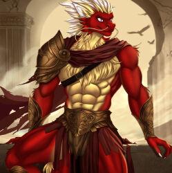  abs anthro armor armwear asian_mythology blonde_hair body_hair chest_fur chest_hair chest_tuft claws clothed clothing digital_drawing_(artwork) digital_media_(artwork) digitigrade dragon east_asian_mythology eastern_dragon fingers fluffy fluffy_ears fluffy_hair fluffy_neck_fur fluffy_tail fur hair hi_res horn male mammal moonymoth multicolored_body multicolored_fur multicolored_hair muscular muscular_anthro muscular_male mythological_creature mythological_scalie mythology neck_tuft red_body red_fur red_hair scalie smile solo tail tuft vitamin_c_(forwardpickup) warrior whiskers yellow_body yellow_fur 