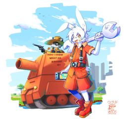  2023 anthro axy_(axy_usagi) axy_usagi clothed clothing detailed_background duo footwear full_body_view fully_clothed hat headgear headwear holding_object holding_weapon jean_(axy_usagi) lagomorph leporid male male/male mammal monkey_wrench nintendo nintendo_switch plant procyonid rabbit rabbit_ears raccoon scut_tail shoes short_tail standing tail tank_(vehicle) tree vehicle water weapon wheat_in_mouth 