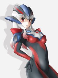  \m/ aiueo8371 alternate_hair_color alternate_skin_color animification armor armored_bodysuit black_bodysuit blush bodysuit breasts color_timer commentary contrapposto cosplay covered_navel cowboy_shot cut_bangs dark_persona drop_shadow female gradient_hair hand_on_own_hip headgear highres humanization legs_together long_hair looking_at_viewer medium_breasts minato_asahi multicolored_bodysuit multicolored_hair parted_lips red_bodysuit red_eyes red_hair self_cosplay shoulder_armor shoulder_pads simple_background skin_tight solo standing teeth tokusatsu two-tone_bodysuit two-tone_hair ultra_galaxy_(series) ultra_galaxy_fight:_the_destined_crossroad ultra_series ultrawoman_grigio_darkness ultrawoman_grigio_darkness_(cosplay) white_background white_hair 