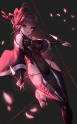  black_bodysuit bodysuit breasts brown_hair clothing_cutout covered_navel detached_sleeves english_commentary falling_petals female goddess_of_victory:_nikke hair_ornament hair_stick highres holding holding_kunai holding_weapon korean_commentary kunai long_hair looking_at_viewer medium_breasts mixed-language_commentary official_alternate_costume parted_lips petals pink_petals red_eyes rose_petals sakura_(midnight_stealth)_(nikke) sakura_(nikke) sandals shoulder_cutout smile solo standing standing_on_one_leg string toriseru_(rare_stone) weapon 