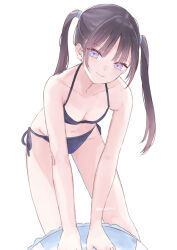  bare_shoulders bikini black_bikini black_hair blush breasts closed_mouth collarbone female hair_ornament hondahiro innertube long_hair looking_at_viewer navel original purple_eyes simple_background small_breasts smile solo stomach swim_ring swimsuit twintails white_background 