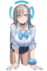  all_fours asuna_(blue_archive) asuna_(school_uniform)_(blue_archive) black_choker black_skirt blue_archive blue_bow blue_bowtie blue_eyes blue_halo blue_nails blue_ribbon blue_scrunchie bow bowtie breasts brown_hair button_gap choker commentary_request female hair_over_one_eye hair_ribbon halo highres large_breasts long_hair looking_at_viewer loose_bowtie noho_(yp6166) pleated_skirt ribbon school_uniform scrunchie shirt simple_background skirt sleeves_rolled_up smile solo white_background white_shirt wrist_scrunchie 
