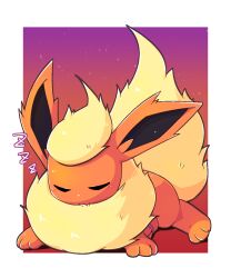  2023 3_fingers 3_toes ambiguous_gender black_inner_ear blush border closed_eyes digital_media_(artwork) digitigrade ears_up eeveelution feet feral fingers flareon fluffy fluffy_tail fur generation_1_pokemon gradient_background head_tuft hi_res kemono leapappa lying mouthless neck_tuft nintendo on_front orange_body pokemon pokemon_(species) raised_tail shaded simple_background simple_shading sleeping solo sound_effects tail toes tuft vowelless vowelless_sound_effect white_border yellow_body yellow_fur zzz 