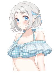  bikini blue_bikini blue_eyes blue_ribbon blush bow braid breasts collarbone cropped_torso female frilled_bikini frills gakuen_idolmaster grey_hair hair_ribbon halterneck highres idolmaster katsuragi_lilja looking_at_viewer medium_breasts nagi_7g off-shoulder_bikini off_shoulder parted_lips plaid_bikini plaid_clothes ribbon short_hair sidelocks simple_background solo swimsuit white_background 