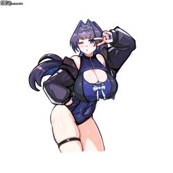  absurdres black_hair black_jacket blaparky blue_eyes blue_hair blue_nails blue_one-piece_swimsuit breasts chain_headband chains cleavage_cutout clothing_cutout colored_inner_hair female hair_intakes highres hololive hololive_english holonatsu_paradise huge_breasts jacket multicolored_hair official_alternate_costume official_alternate_hairstyle one-piece_swimsuit one_eye_closed ouro_kronii ouro_kronii_(holonatsu_paradise) puckered_lips simple_background solo swimsuit thigh_strap v v_over_eye virtual_youtuber white_background 